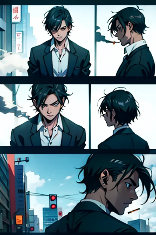  Guy with short black hair smoking while ignoring people , manga page with panels and dialogue  