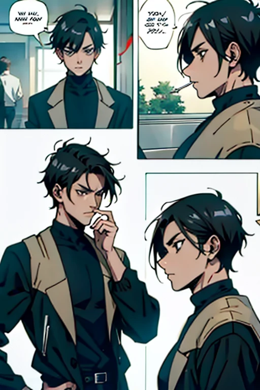  Guy with short black hair smoking while ignoring people , manga page with panels and dialogue  