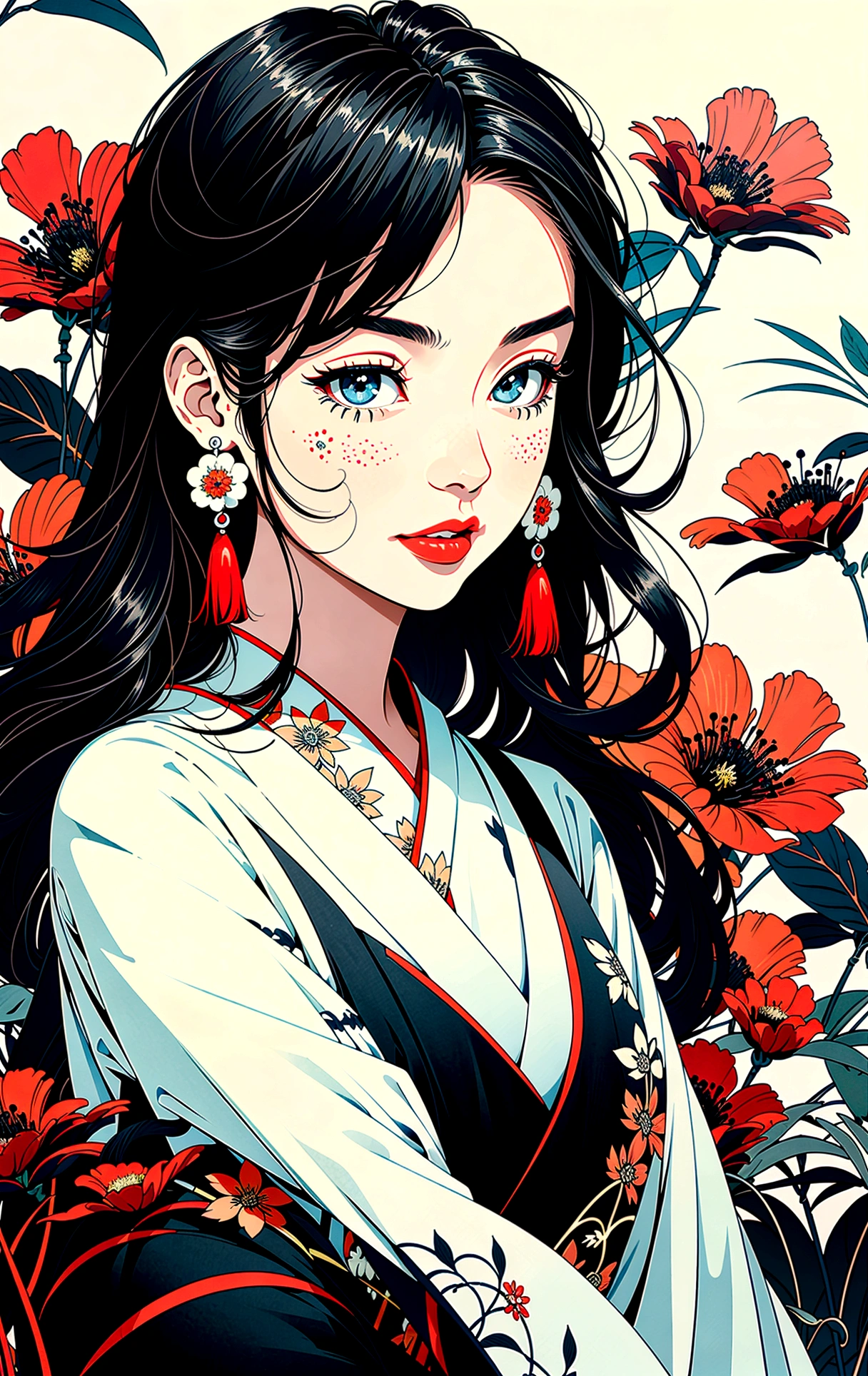 whole body in the picture, Full body illustration, Full body image,((8k wallpaper of a highly detailed CG unit, masterpiece, high resolution, top quality, top qualityのリアルテクスチャスキン)), ((A very beautiful woman, seductive facial expressions, plump lips, The entire body, Japanese pattern Haori, Micro mini short hairstyle with Japanese pattern in black, white-skinned, small), ((Colorful background with geometric patterns, Japanese pattern background, Cool, White background)), Sumi-e, hyper realisitic, digital painting, conceptual art,