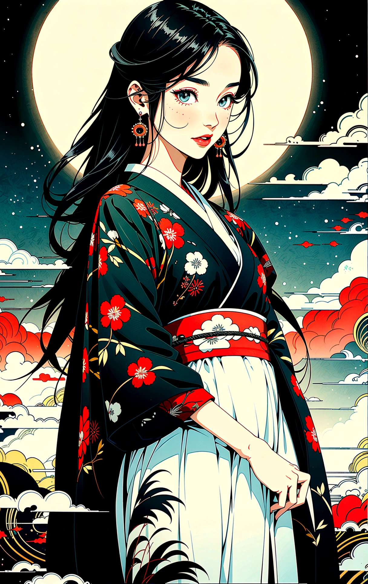 whole body in the picture, Full body illustration, Full body image,((8k wallpaper of a highly detailed CG unit, ​masterpiece, high resolution, top quality, top qualityのリアルテクスチャスキン)), ((A very beautiful woman,   expressions, plump lips, The entire body, Japanese pattern Haori,  short hairstyle with Japanese pattern in black, white-skinned, small), ((Colorful background with geometric patterns, Japanese pattern background, Cool, White background)), Sumi-e, hyper realisitic, digital painting, conceptual art,