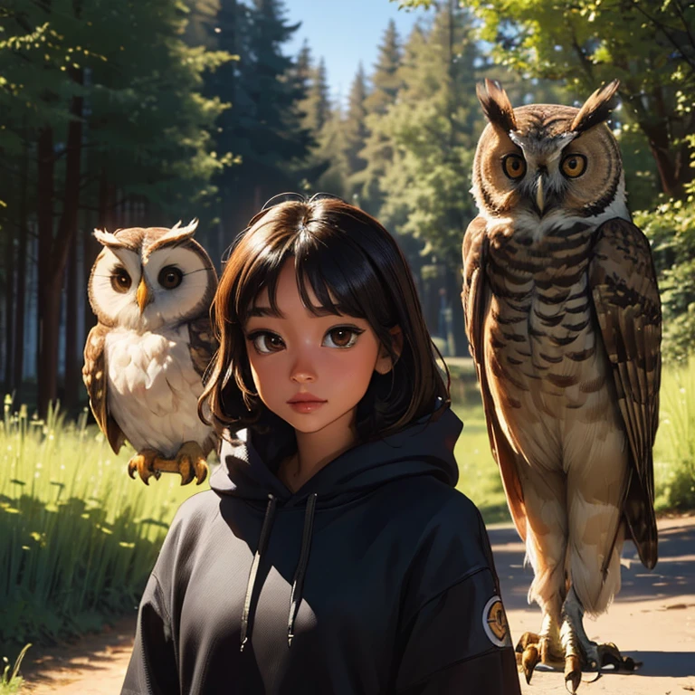 ((Best quality, 8 k, masterpiece: 1.3)), cute, young girl, Smooth skin, with hoodie, Social, Brown eyes,  big eyes, tanned with an owl in his shoulder, in the forrest