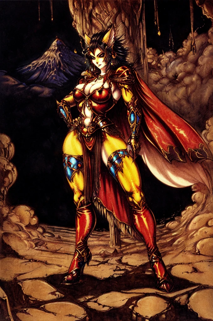 Erotic Fantasy, Gothic, (Red leather, Yellow cape, Elegance:1.0), Stunning Vixen, Seductive Armor, Vintage Illustration, Yoshitaka Amano-inspired Enchantresses. Female Kefka 