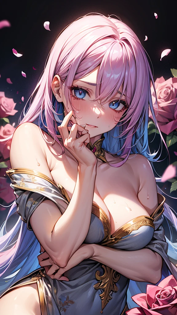 Very detailed, Seductive female sweating, Breasts covered with rose petals, (full, Pink/blue hair), Centered on the face, face focus, Complex eyes,