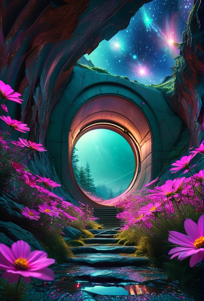 surreal landscape, concentric spiral rings, tunnel effect, starry sky pattern, twinkling lights, cosmos, three-dimensional depth, alien terrain, deep greens, purples, pinks, rugged ground, rocky surface, extraterrestrial environment, dense foliage, ethereal lighting, soft glow, intricate details, portal, other dimension, soft pinks, deep blues, dreamlike quality, science fiction, fantasy, immersive visual experience, mysteries of the universe, otherworldly realms