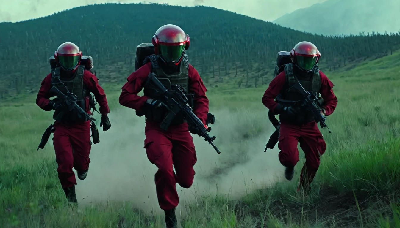 Soldiers in dark red military uniform wearing a futuristic helmet, run through the steppe with some green areas and a little bit of hills and pine trees, dark atmosphere, explosion, corpses