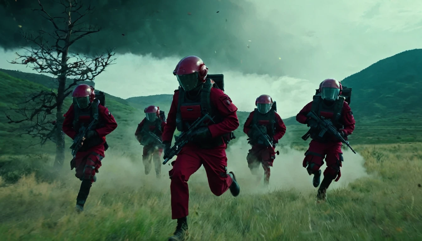Soldiers in dark red military uniform wearing a futuristic helmet, run through the steppe with some green areas and a little bit of hills and pine trees, dark atmosphere, explosion, corpses