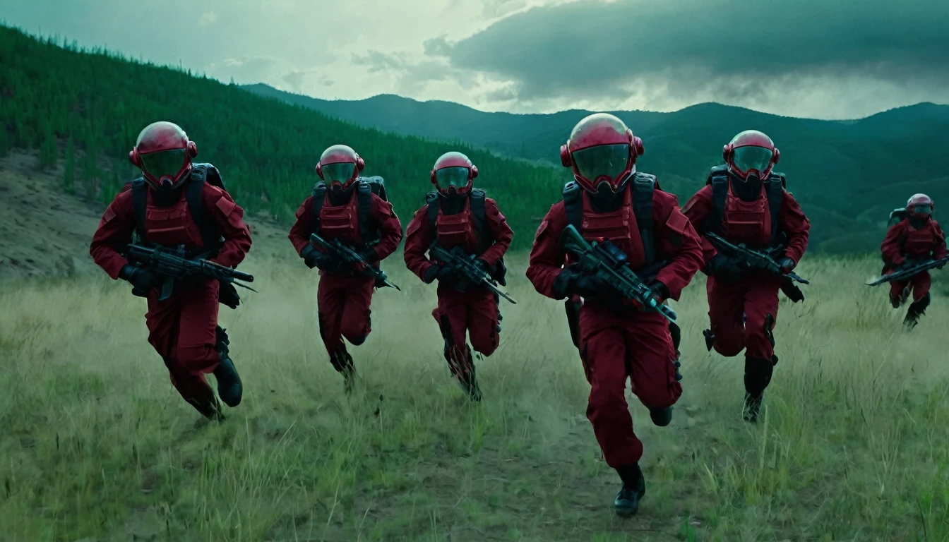 Soldiers in dark red military uniform wearing a futuristic helmet, run through the steppe with some green areas and a little bit of hills and pine trees, dark atmosphere, explosion, corpses