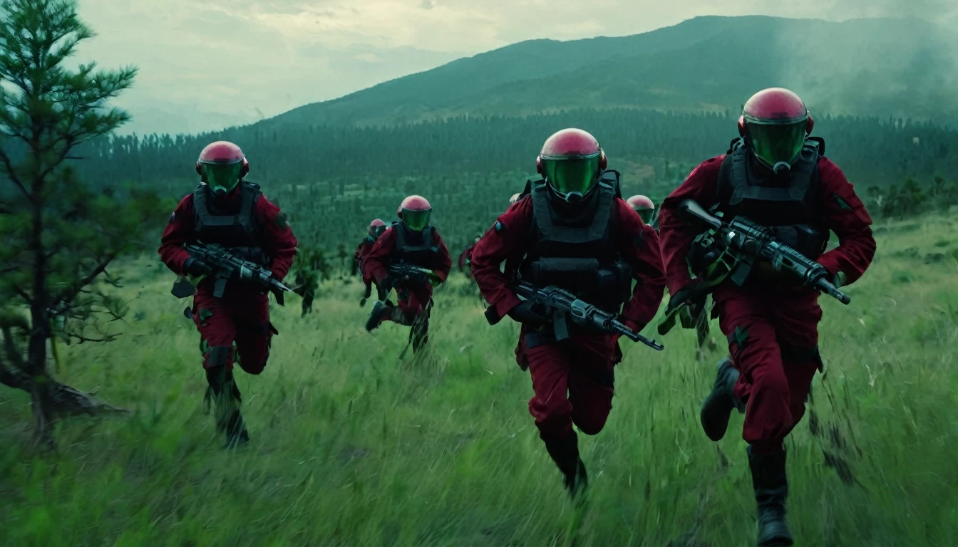 Soldiers in dark red military uniform wearing a futuristic helmet, run through the steppe with some green areas and a little bit of hills and pine trees, dark atmosphere, explosion, corpses