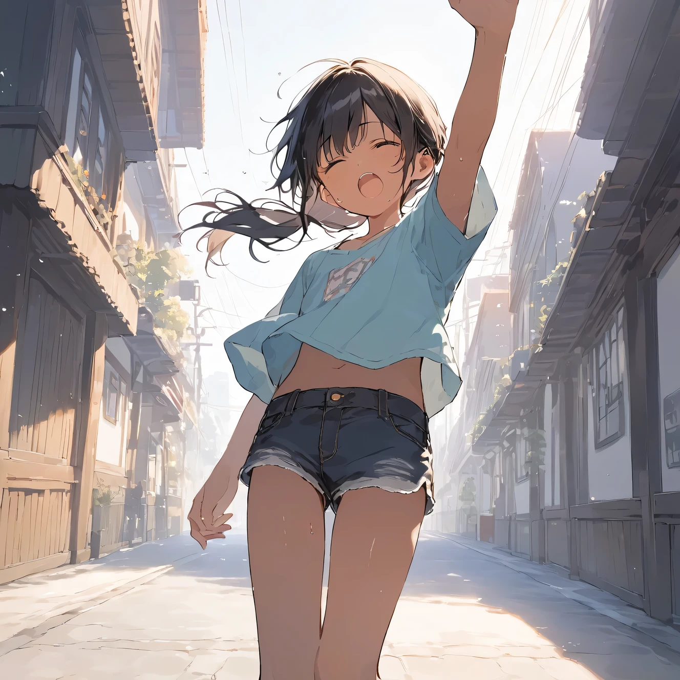 score_9, score_8_up, score_7_up, source_anime, best quality, masterpiece, official art, absurdres, highres, ultra-detailed,waifu2x,Collection: Slice of Life,break,1girl, tomboy, dark-skinned female, short hair, low ponytail, flat chest,  beautiful detailed eyes, short shorts, sweat, open mouth, (yawn:0.3), sleepily, outdoors, wind, break,(clear line illustration:1.2),very high resolution, very aesthetic, super detailed skin, Best sexual lighting powered by famous artist, 8k,cute picture,beauty illustration,photoshop_(medium),,(Detailed Lighting),best anime 8k konachan wallpaper, pixiv contest winner, 