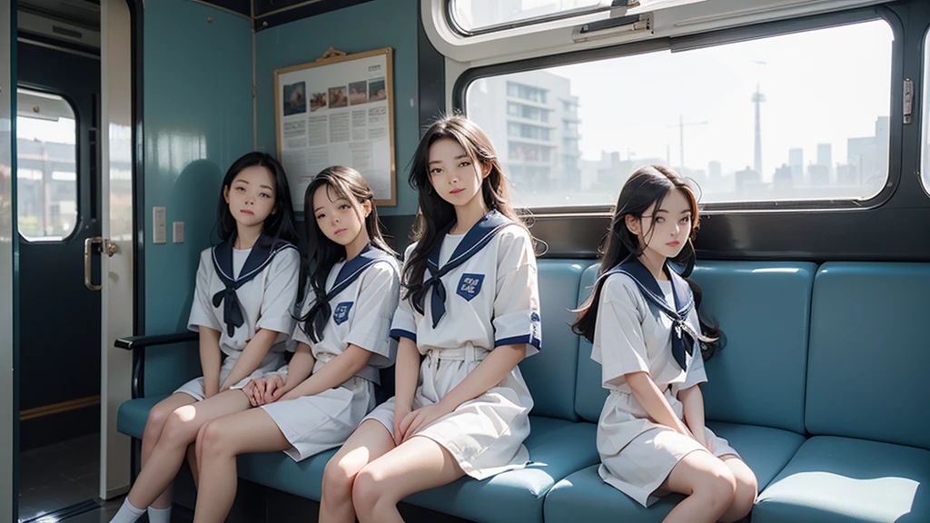 masterpiece, Highest quality,Four Girls,Super detailed,e233, Inside the train, scenery, Sheet, window, door, Poster (object), Sitting,Sailor suit,From the side