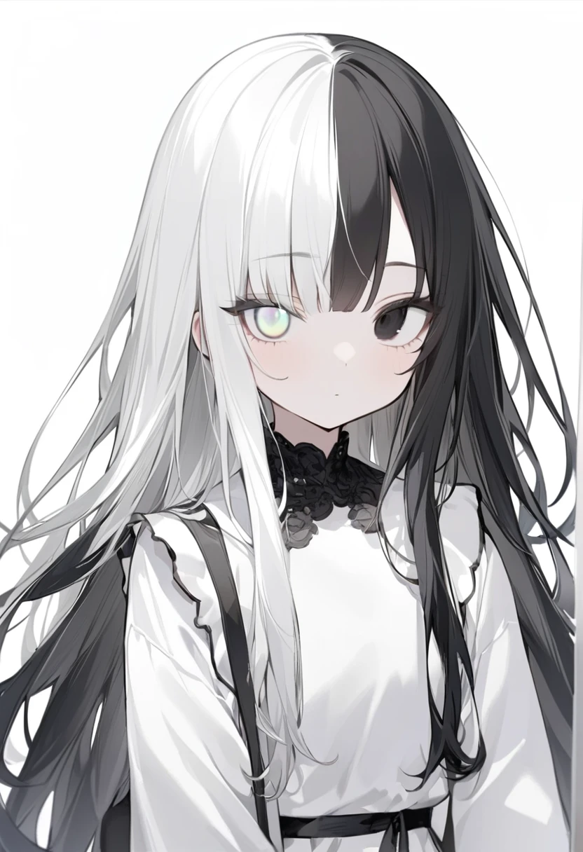 Black and White、Girl、Black and white hair、Black and white mixed、Black and white mixed髪の毛、Half Black、Half white、Long Hair、Odd Eye、Odd Eye Left eye is white 右目が黒色、Left eye is white、Left eye is white、Right eye is black、Right eye is black、全体的に黒と白が混ざったGirl、Black and WhiteのGirl、White background、白と黒のGirl、White Room、黒色と白色のGirl、emotionless、Calm、Lots of black、A lot of black、Lots of black髪の毛、一人のGirl、1 Girl、1 Girl、Mostly black、No highlights in the eyes、Left eye is white、White left eye、Lots of black hair、There are many black areas、黒いNo highlights in the eyes、右No highlights in the eyes、Right eye: no highlights、Left eye is white、No highlights in the eyes、(Eyes without highlights)、Eyes without highlights