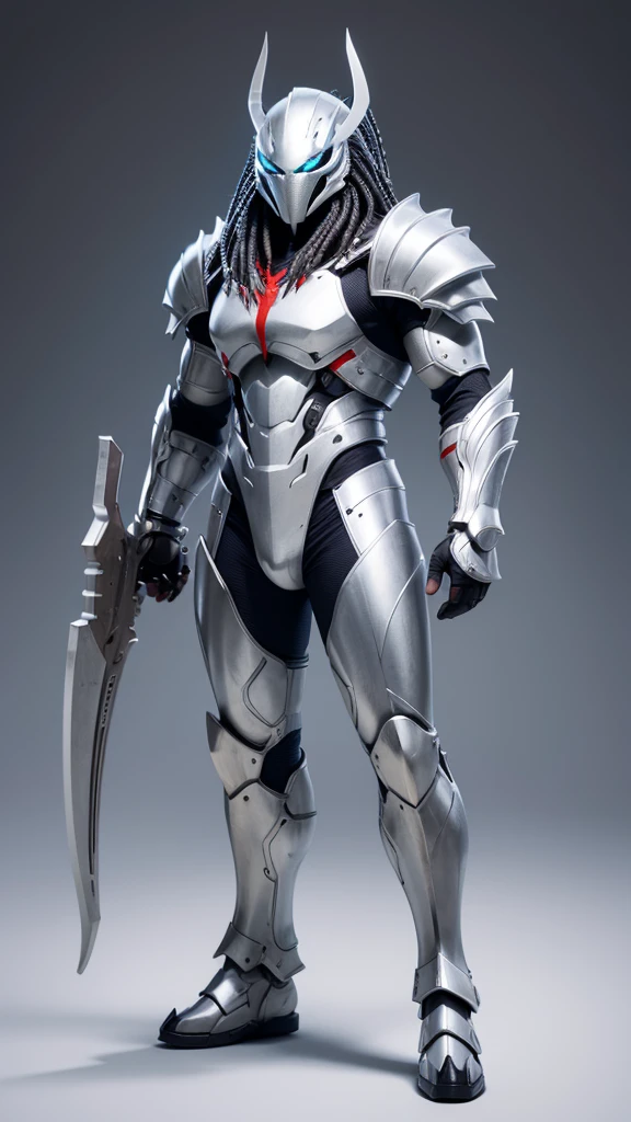 Predator,Whole body diagram,Silver-white armor,suitable background