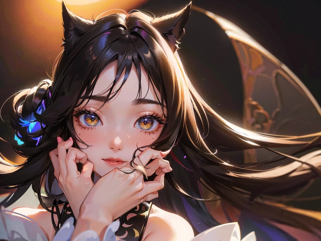 (masterpiece), 8k cg, stunningly beautiful girl, intricate details, chromatic aberration, ((bust shot)), ((looking at viewer)), 1girl, (long hair, (Black hair) Black Cat Ears), Brown Eyes, Mature, extremely beautiful and delicate portrait, cute face, wide smile, joyful, soft cheeks, blush, makeup, absurdres, cinematic lighting, dynamic lighting, fantasy, ((dark background, fog))