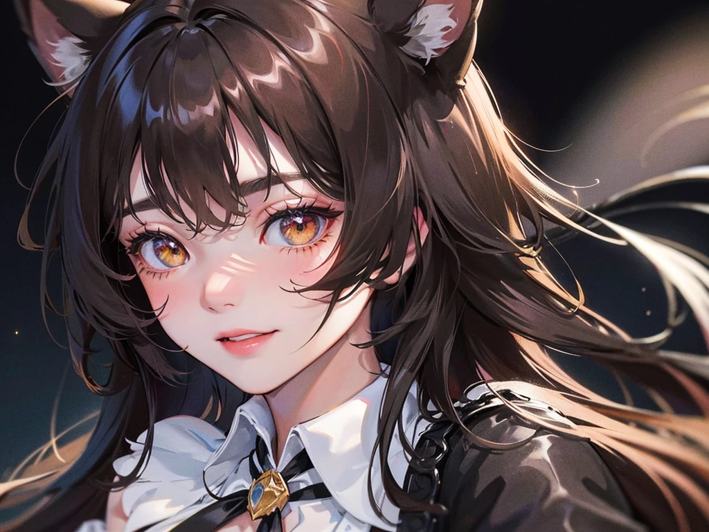 (masterpiece), 8k cg, stunningly beautiful girl, intricate details, chromatic aberration, ((bust shot)), ((looking at viewer)), 1girl, (long hair, (Black hair) Black Cat Ears), Brown Eyes, Mature, extremely beautiful and delicate portrait, cute face, wide smile, joyful, soft cheeks, blush, makeup, absurdres, cinematic lighting, dynamic lighting, fantasy, ((dark background, fog))