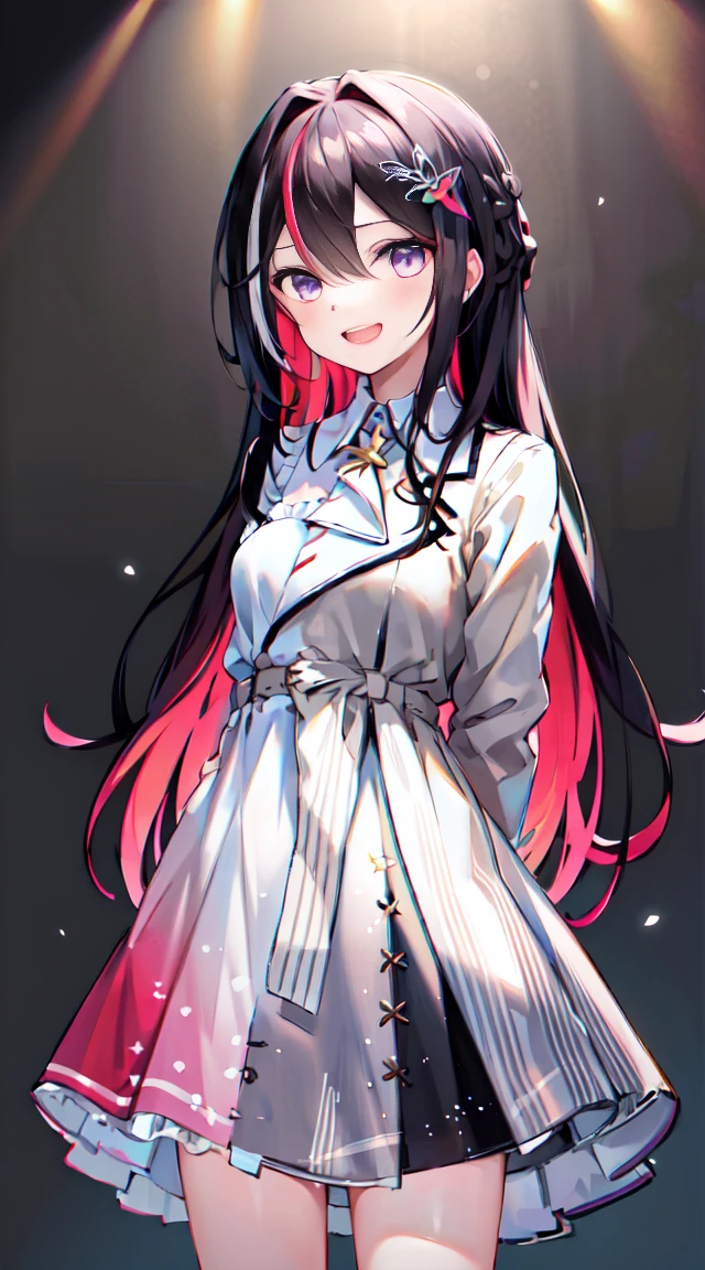 masterpiece, best quality, highres, 1girl, solo, multicolored hair, pink hair, purple eyes, black hair, dress, colored inner hair, hair between eyes, white dress, brown jacket, two-tone hair, jewelry, long sleeves, x hair ornament, bangs, bracelet, very long hair, streaked hair, hairclip, standing, cowboy shot, smile, street, arms behind back, open mouth,