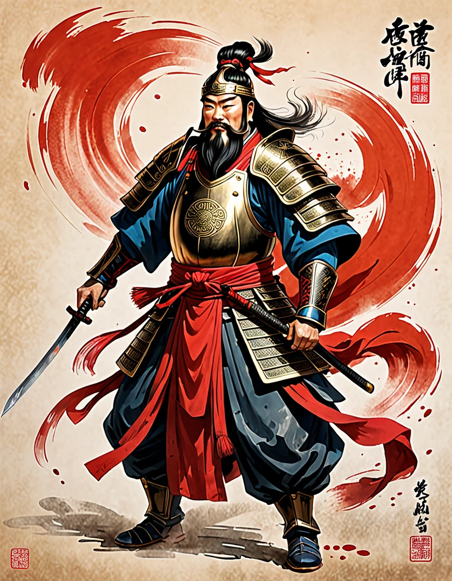 dirty brushstrokes, abstract, ink art, flying effect, Portraits of equipment from the Three Kingdoms Period of China, a sharp-tipped, rich-bearded appearance with a grim impression, and only a red-colored abdomen has armor