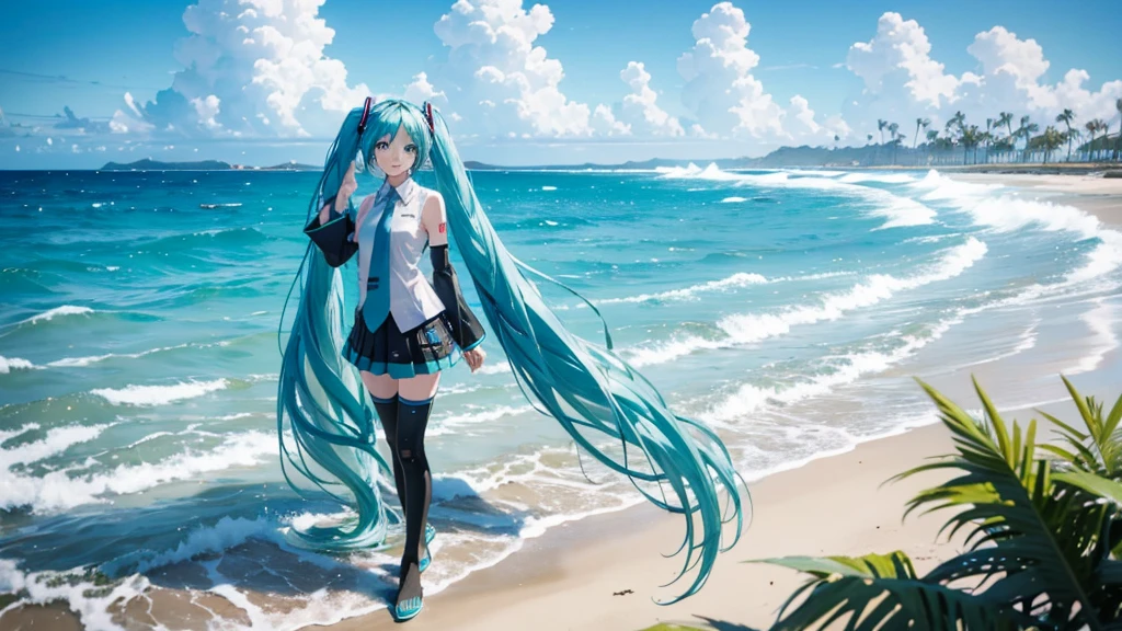 Please draw Hatsune Miku in high definition using upscale。Soft sand all around、The sound of the waves gently lapping、And the palm trees dot the landscape.。