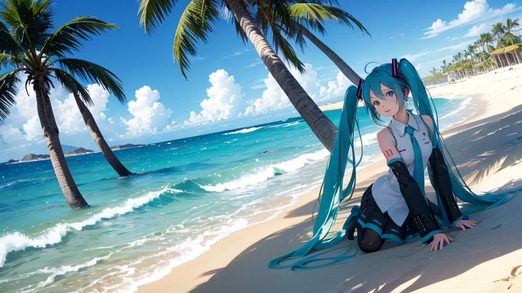 Please draw Hatsune Miku in high definition using upscale。Soft sand all around、The sound of the waves gently lapping、And the palm trees dot the landscape.。