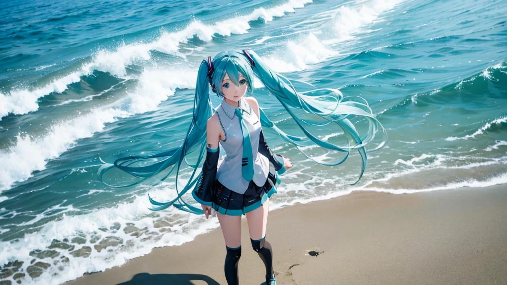 Please draw Hatsune Miku in high definition using upscale。Soft sand all around、The sound of the waves gently lapping、And the palm trees dot the landscape.。