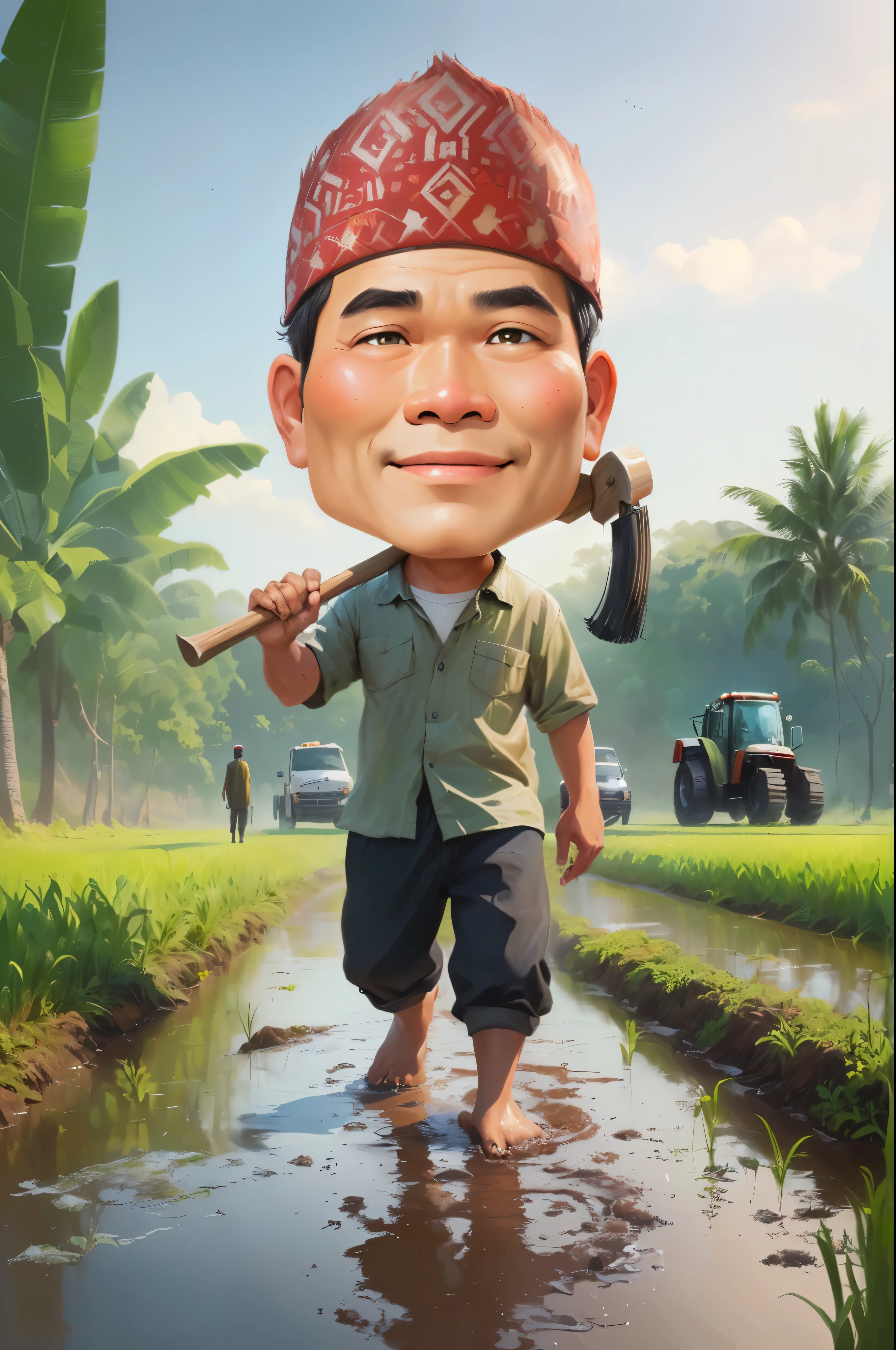 cartoon man walking through a muddy field with a hoe, The head wears a typical Javanese headgear blangkon, caricature illustration, farmer, Indonesian farmer, caricature style, cartoon portrait, cartoon digital painting, caricature, official illustration, cartoon digital art, in cartoon style, inspired by Rudy Siswanto, inspired by I Ketut Soki, potrait, digital cartoon painting art, digital art cartoon, cartoon artstyle