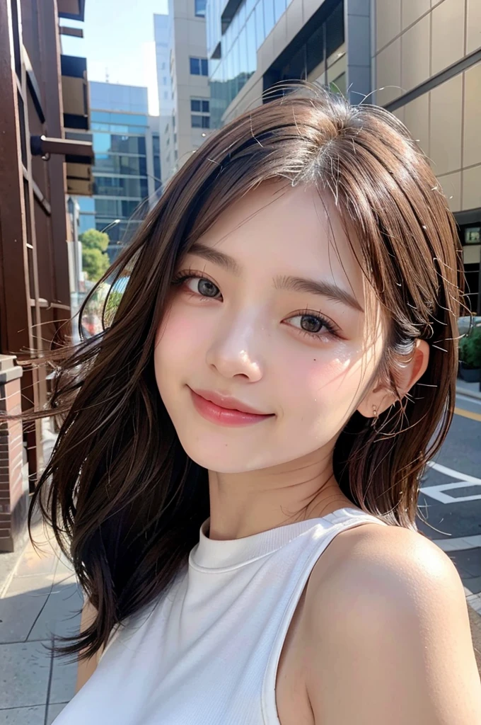 Los Angeles alleyway in the background、18-year-old girl、independent、look forward to、Light eye makeup、Brown Hair Color、flat 、Hair blowing in the wind、Quality of actress、Shiny, Ultra-realistic face、Smile expression、Watery eye、look up、Pleasant lighting effects、 Ultra-Realistic Capture、Very detailed、High resolution 16K human skin closeup。Skin texture must be natural、Must be so detailed that pores are visible、skin is healthy、There must be a unified tone、Use natural light and color、High quality photos taken by modeling agencies&#39;Exclusive photographer、smile
