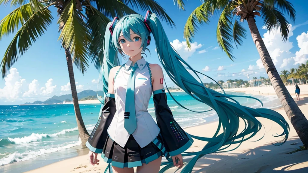 Please draw Hatsune Miku in high definition using upscale。Soft sand all around、The sound of the waves gently lapping、And the palm trees dot the landscape.。