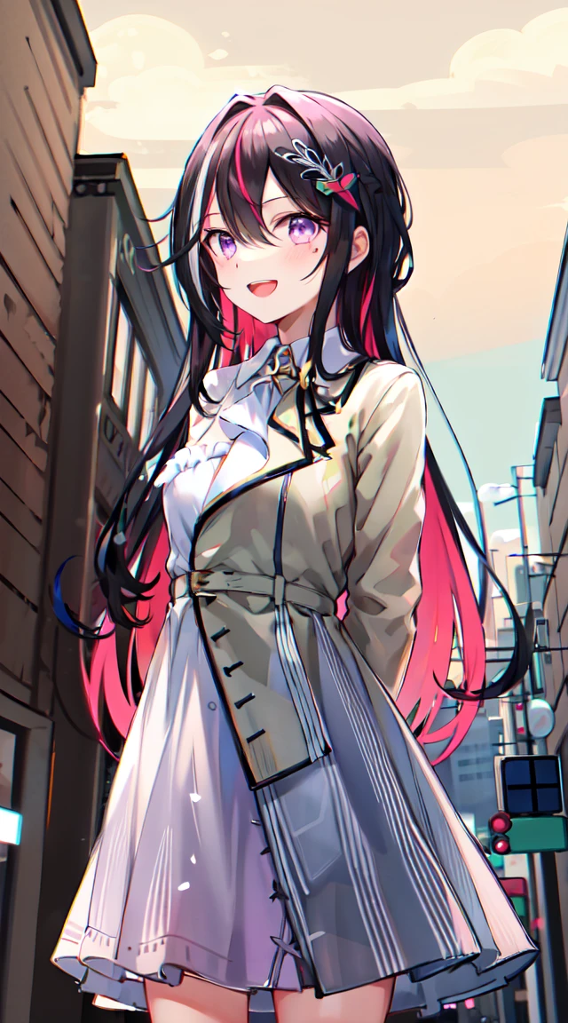 masterpiece, best quality, highres, 1girl, solo, multicolored hair, pink hair, purple eyes, black hair, dress, colored inner hair, hair between eyes, white dress, brown jacket, two-tone hair, jewelry, long sleeves, x hair ornament, bangs, bracelet, very long hair, streaked hair, hairclip, standing, cowboy shot, smile, street, arms behind back, open mouth,