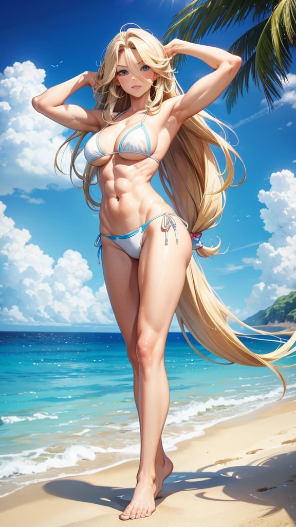 Muscular beauty with long blond hair，Abdominal muscles，white blue bikini，Bare Legs，barefoot，Sea，beach