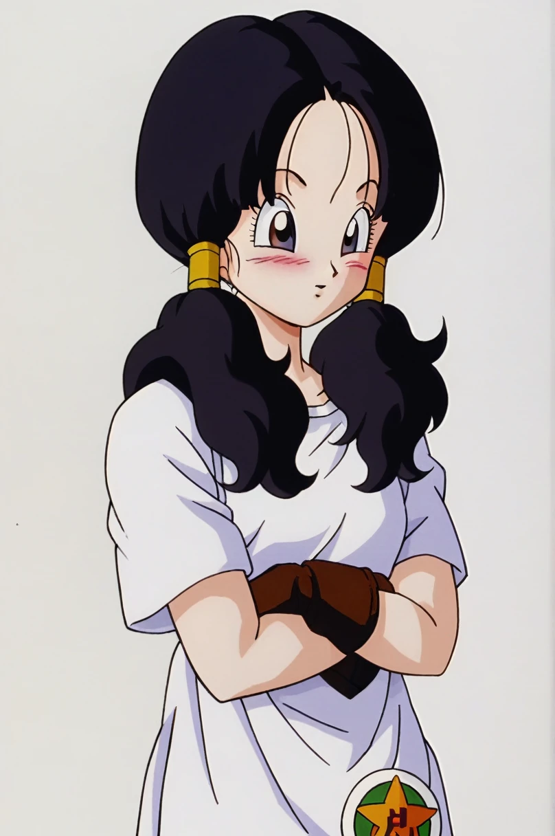 sauce_anime, score_9, score_8_superior, score_7_superior, anime screencap, videl dbz, 眉をsuperiorげる, One girl, 1By people, 一By people, Semi-long hair, Purple Hair, Hair that does not tie, Hair down, Let your hair down, Brown eyes, Black Hair, White shirt, Cowboy Shot, Long shirt, Short sleeve, Arms crossed, Brown gloves, blush, Look to the side, Wind, nail, eyelash, Simple Background, White Background,