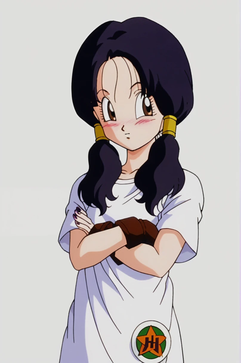 sauce_anime, score_9, score_8_superior, score_7_superior, anime screencap, videl dbz, 眉をsuperiorげる, One girl, 1By people, 一By people, Semi-long hair, Purple Hair, Hair that does not tie, Hair down, Let your hair down, Brown eyes, Black Hair, White shirt, Cowboy Shot, Long shirt, Short sleeve, Arms crossed, Brown gloves, blush, Look to the side, Wind, nail, eyelash, Simple Background, White Background,