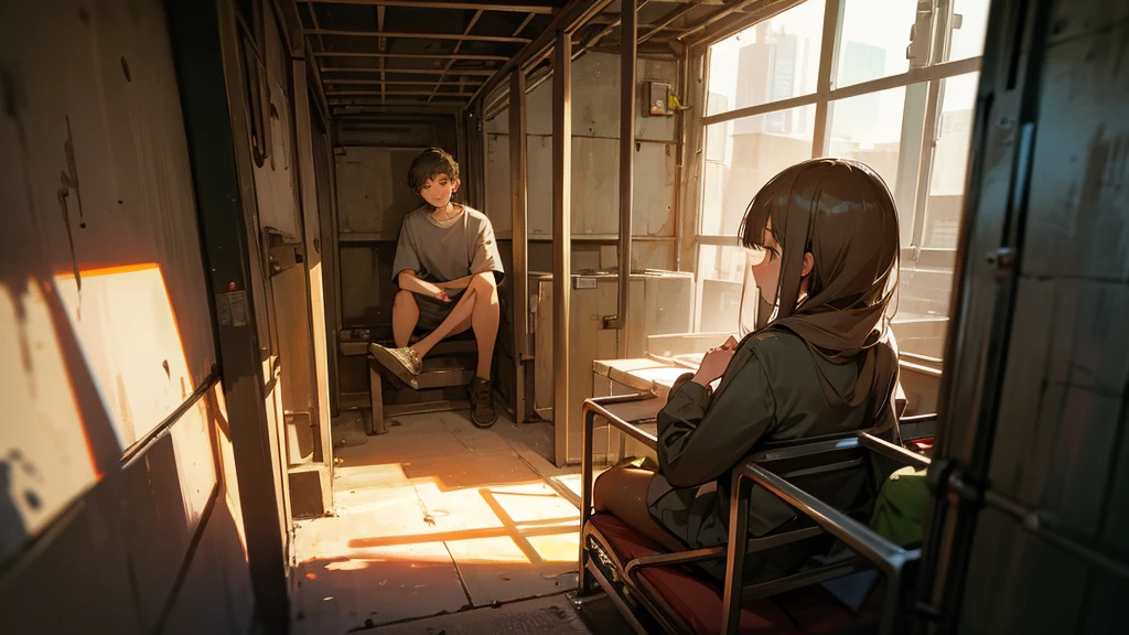a guy sits in a cage guarded by a girl in a bunker.
