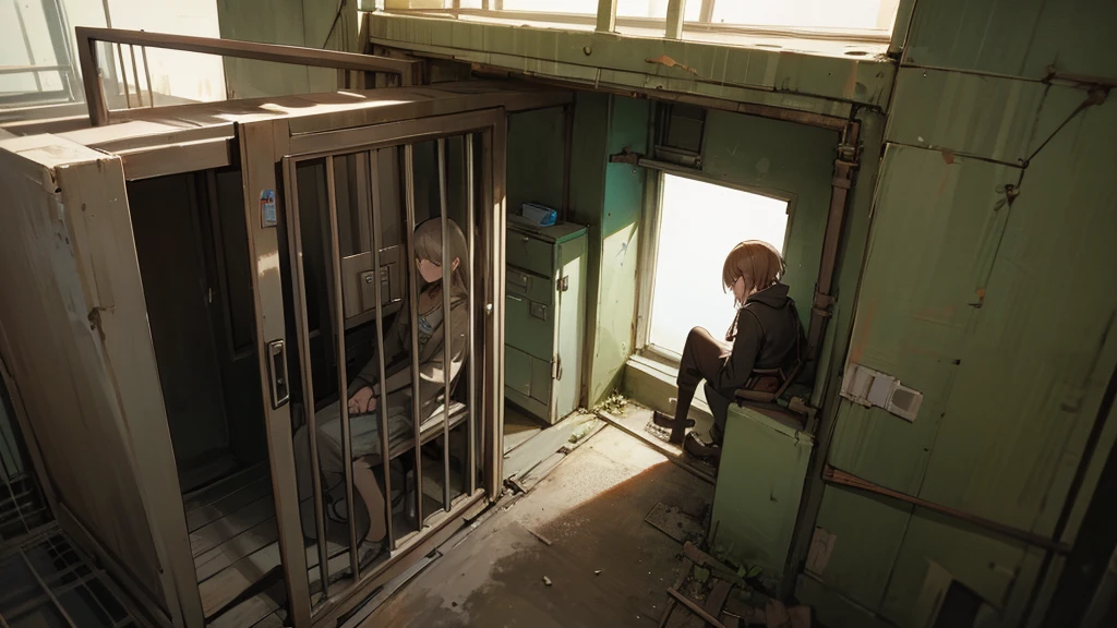 a guy sits in a cage guarded by a girl in a bunker.