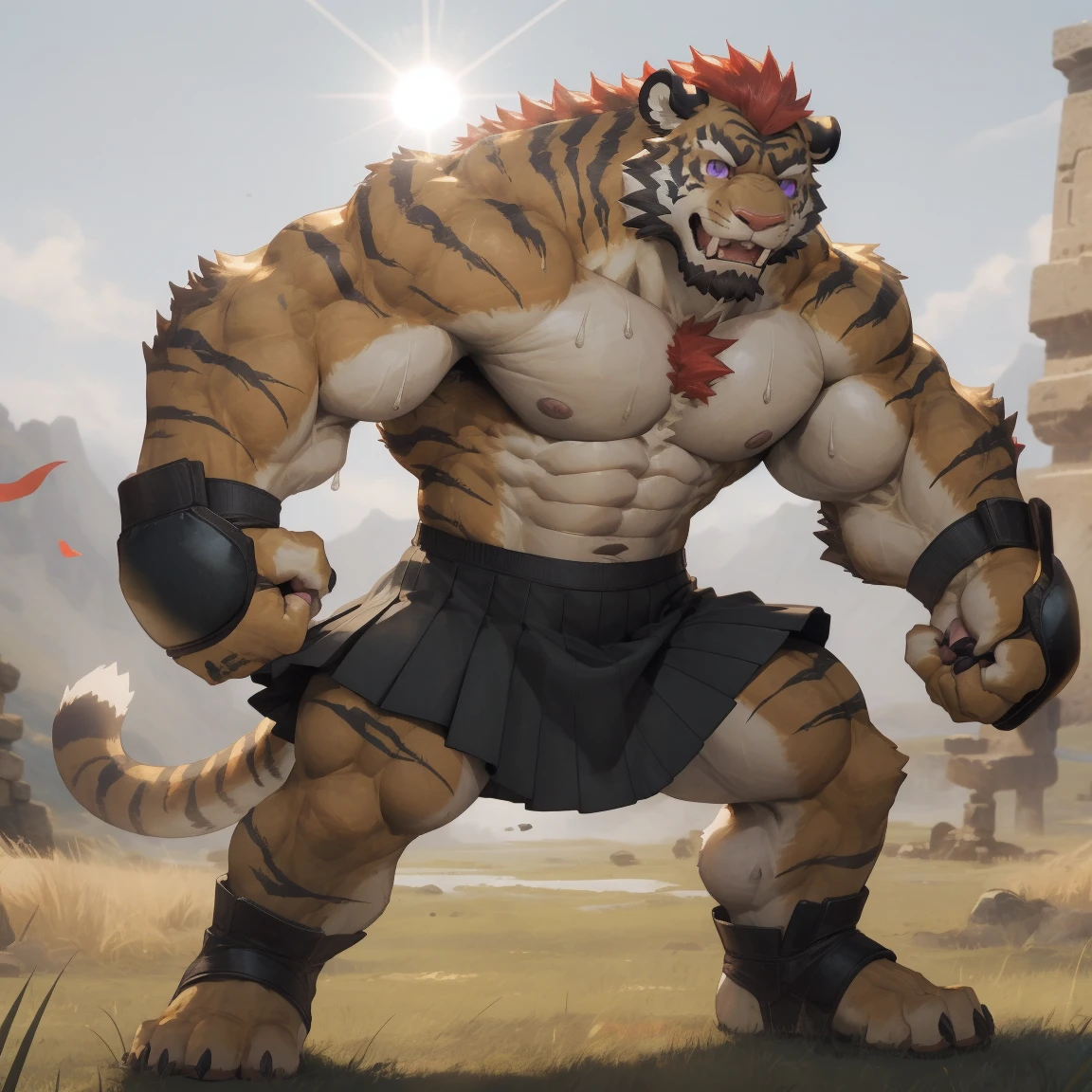 masterpiece, best quality, 8k resolution, Very detailed, hairy,tiger,((red hair)),muscle,Strong,超大muscle,((Sweating)),(((Purple Eyes))),For the audience,(((Ancient times))),portrait,(((Shirtless))),(Highest quality scene),(((animal skin skirt))),(((grassland))),(((Vigilant))),(((Hip bulge))),(((Ultra clear eyes)),(((long fangs))),((Solitary)),((whole body)),(((Sunlight))),(((fighting stance))),((Mature)),(((Uncle))),(((Orange fur)))