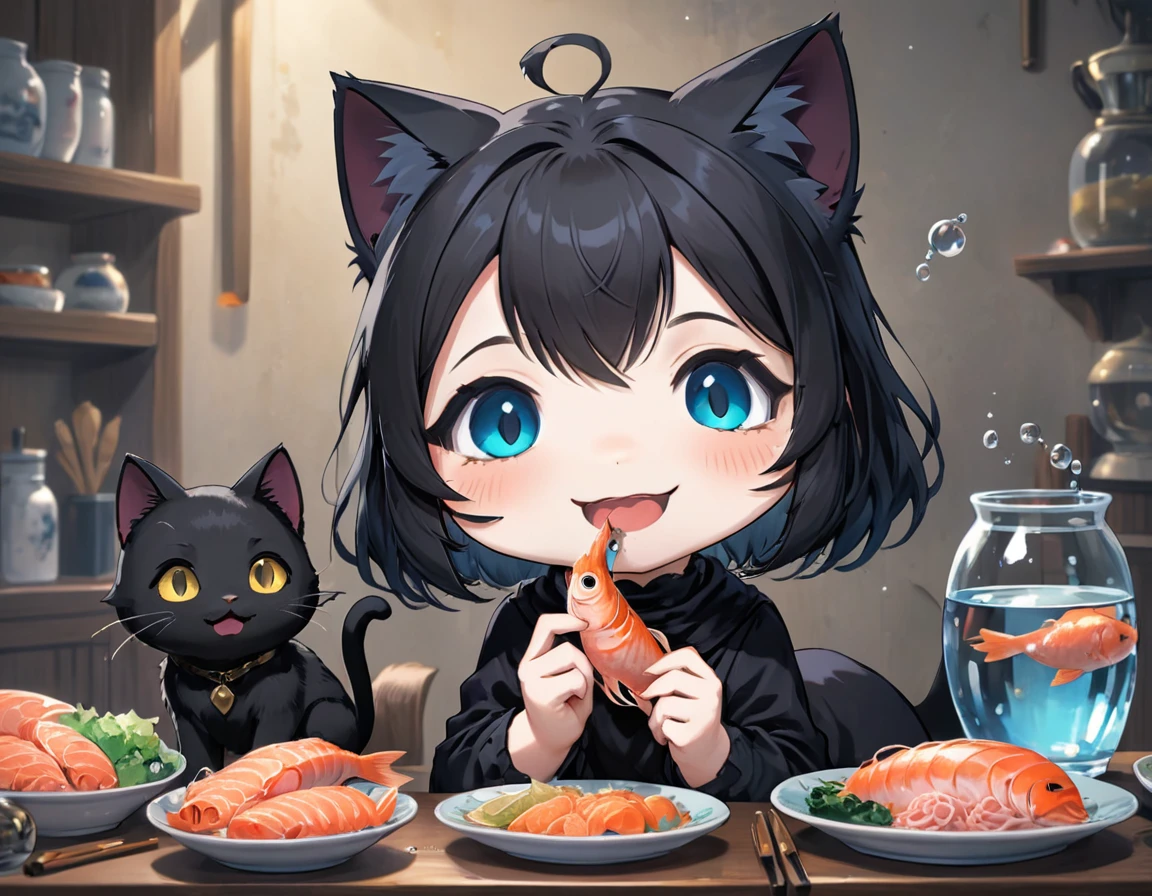 (best quality,4k,highres,ultra-detailed,masterpiece:1.3), black cat, Anime girl, eating fish, stylized, cute kawaii animals, Fine art, chibi caracter, 