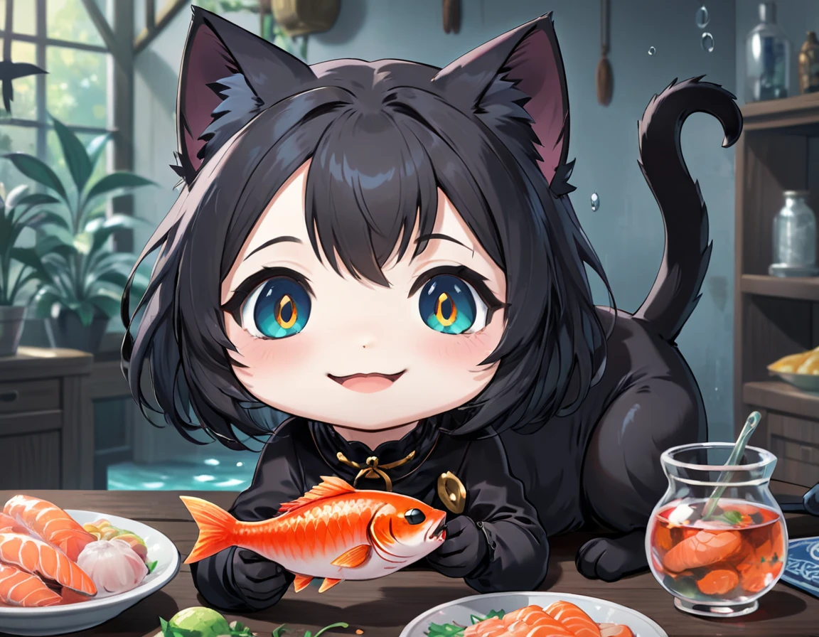 (best quality,4k,highres,ultra-detailed,masterpiece:1.3), black cat, Anime girl, eating fish, stylized, cute kawaii animals, Fine art, chibi caracter, 