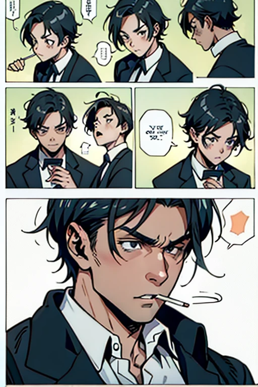  Guy with short black hair smoking while making a surprised face, manga page with panels and dialogue  