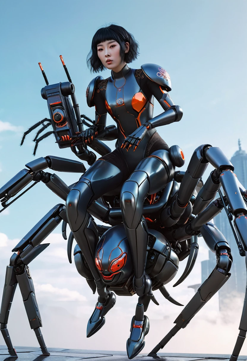 Caucasian girl in a futuristic suit riding a giant spider, 3 d render character art 8 k, love death and robots, ghost in the shell geisha robot, girl in mecha cyber armor, anime robotic mixed with organic, styled like ghost in the shell, cyber steampunk 8 k 3 d, mechanical spider legs, cosplayer dressed like a crab, cgsociety 8 k