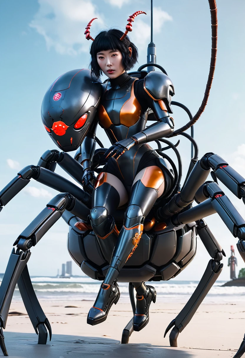 Caucasian girl in a futuristic suit riding a giant spider, 3 d render character art 8 k, love death and robots, ghost in the shell geisha robot, girl in mecha cyber armor, anime robotic mixed with organic, styled like ghost in the shell, cyber steampunk 8 k 3 d, mechanical spider legs, cosplayer dressed like a crab, cgsociety 8 k