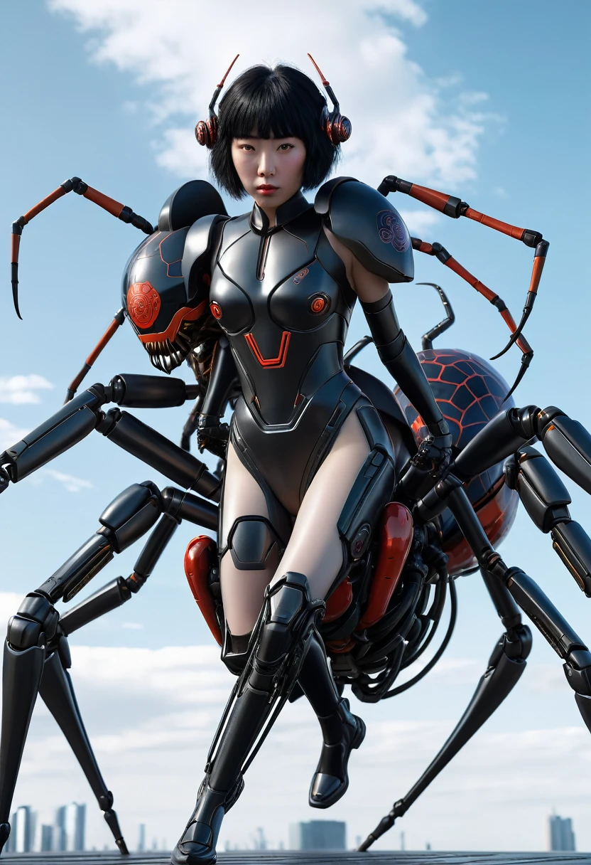 Caucasian girl in a futuristic suit riding a giant spider, 3 d render character art 8 k, love death and robots, ghost in the shell geisha robot, girl in mecha cyber armor, anime robotic mixed with organic, styled like ghost in the shell, cyber steampunk 8 k 3 d, mechanical spider legs, cosplayer dressed like a crab, cgsociety 8 k