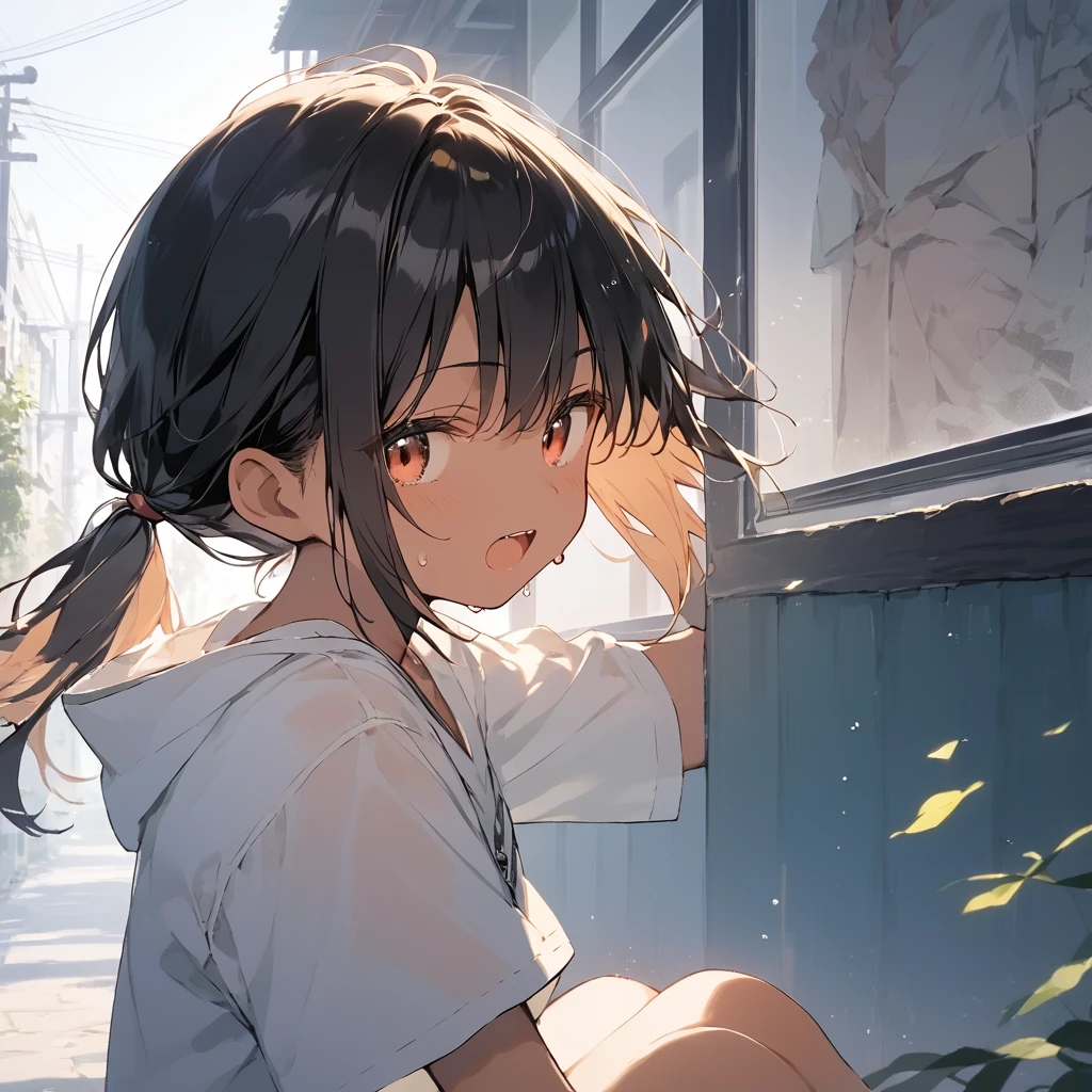 score_9, score_8_up, score_7_up, source_anime, best quality, masterpiece, official art, absurdres, highres, ultra-detailed,waifu2x,Collection: Slice of Life,break,1girl, tomboy, dark-skinned female, short hair, low ponytail, flat chest, beautiful detailed eyes, short shorts, sweat, open mouth, (yawn:0.3), sleepily, outdoors, wind, break,(clear line illustration:1.2),very high resolution, very aesthetic, super detailed skin, Best sexual lighting powered by famous artist, 8k,cute picture,beauty illustration,photoshop_(medium),,(Detailed Lighting),best anime 8k konachan wallpaper, pixiv contest winner,