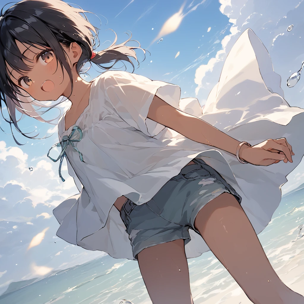 score_9, score_8_up, score_7_up, source_anime, best quality, masterpiece, official art, absurdres, highres, ultra-detailed,waifu2x,Collection: Slice of Life,break,1girl, tomboy, dark-skinned female, short hair, low ponytail, flat chest,  beautiful detailed eyes, short shorts, sweat, open mouth, (yawn:0.3), sleepily, outdoors, wind, break,(clear line illustration:1.2),very high resolution, very aesthetic, super detailed skin, Best sexual lighting powered by famous artist, 8k,cute picture,beauty illustration,photoshop_(medium),,(Detailed Lighting),best anime 8k konachan wallpaper, pixiv contest winner, 