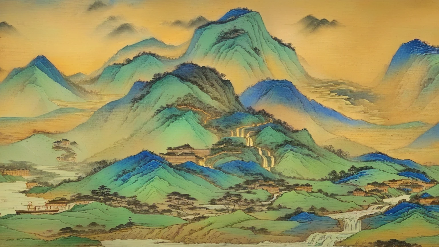 Close up of an oil painting of a mountain with a waterfall, Chinese scenery, inspired by Zhang Shunzi, Song, author:Qiandu, Qing Dynasty, Chinese painting style, Chinese Arts, author:Gu An, author:Dondy, Chinese Arts风格, traditional Chinese Arts, author:Selangor Oriental, Inspired by Wang Yuanqi