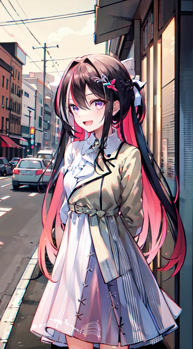 masterpiece, best quality, highres, 1girl, 独奏, multicolored hair, pink hair, purple eyes, black hair, dress, colored inner hair, hair between eyes, white dress, brown jacket, two-tone hair, jewelry, long sleeves, x hair ornament, bangs, bracelet, very long hair, streaked hair, hairclip, standing, cowboy shot, smile, street, arms behind back, open mouth,Holding a knife、Smiling