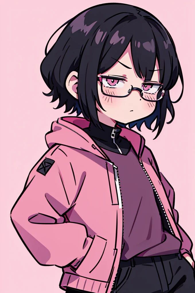 black pants, Sharp image, man, Black hair with pink ends, wearing a pink jacket. , has a dull, bored face, wears round glasses, has short, neat hair,
