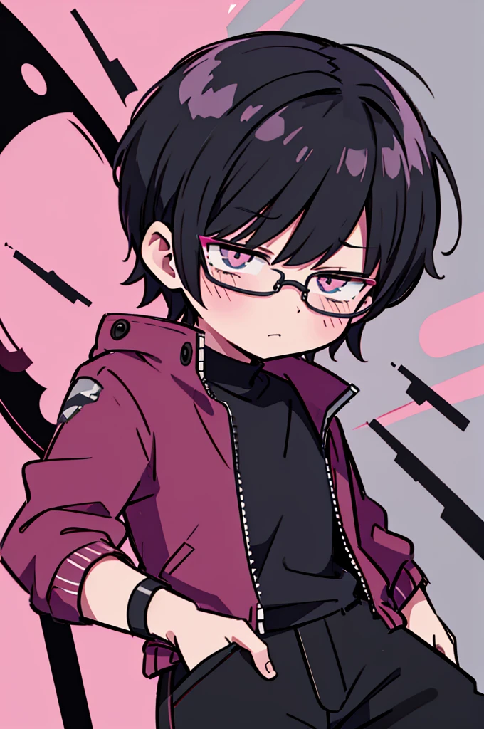 black pants, Sharp image, man, Black hair with pink ends, wearing a pink jacket. , has a dull, bored face, wears round glasses, has short, neat hair,