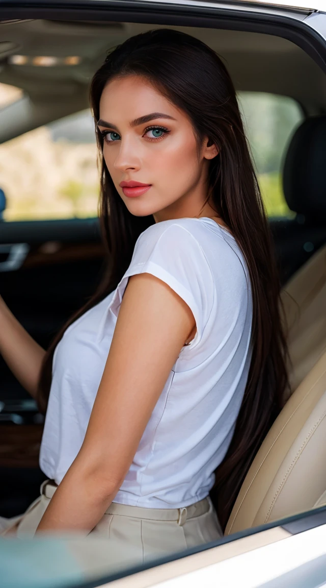 A stunning photorealistic image of a woman riding in a luxury car, classy, great potrine, nice face, yeux vert et marron clair. Elle porte un t-shirt simple et fin blanc