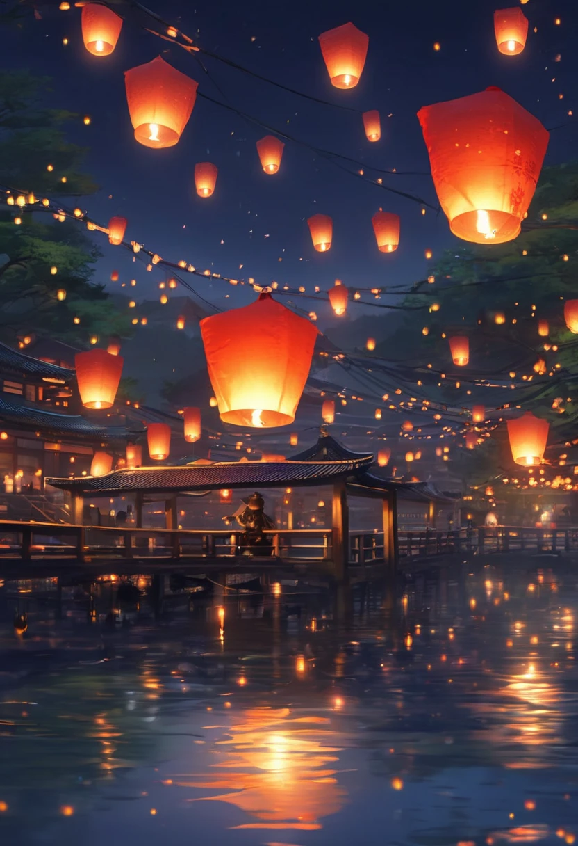 1.Place the river lanterns by the river，(((Kongming Lantern Wishing Lantern)))Many sky lanterns are lit on the water, floating lights, Lights and reflections, Glowing lights! Intermediate Metaverse Elements，number, glowing reflections, think. author：Shinkai Makoto, Water Lanterns, A quiet night. Digital Illustration, Beautiful Ambience, Night sky lights, Peaceful evening atmosphere, 美丽的number艺术作品, Low Detail. number, Beautiful Ambience