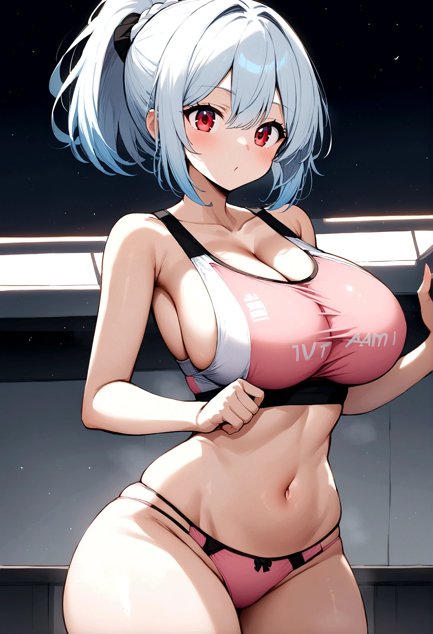 My name is Yumi, I am a white test woman with blue and white hair, red eyes and yellow. I am 1.64 cm tall and weigh 40 kg. My breasts measure 200 cm, my waist 60 cm and my hips 200 cm. Dressed in a black and pink sports bra, along with a short pink panties and her hair tied in a ponytail with a bang. With big breasts 200cm