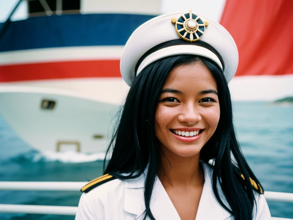 35mm film photography, Joyful, smiling black hair 1 woman on her head ship captain&#39;s hat pin-up woman posing beautifully smiling on a yacht clear weather summer sky sunny day glare in her hands holding a glass of cocktail retro pin-up style green swimsuit closed with polka dots pin-up poses luxury rich life 