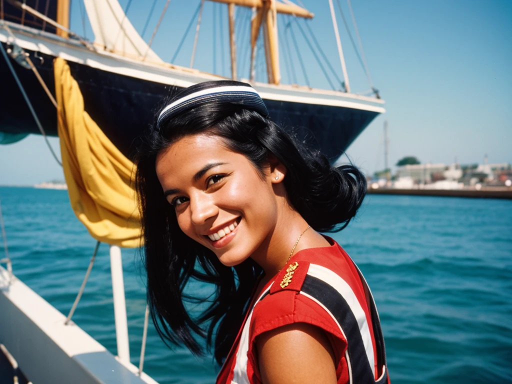 35mm film photography, Joyful, smiling black hair 1 woman on her head ship captain&#39;s hat pin-up woman posing beautifully smiling on a yacht clear weather summer sky sunny day glare in her hands holding a glass of cocktail retro pin-up style green swimsuit closed with polka dots pin-up poses luxury rich life 